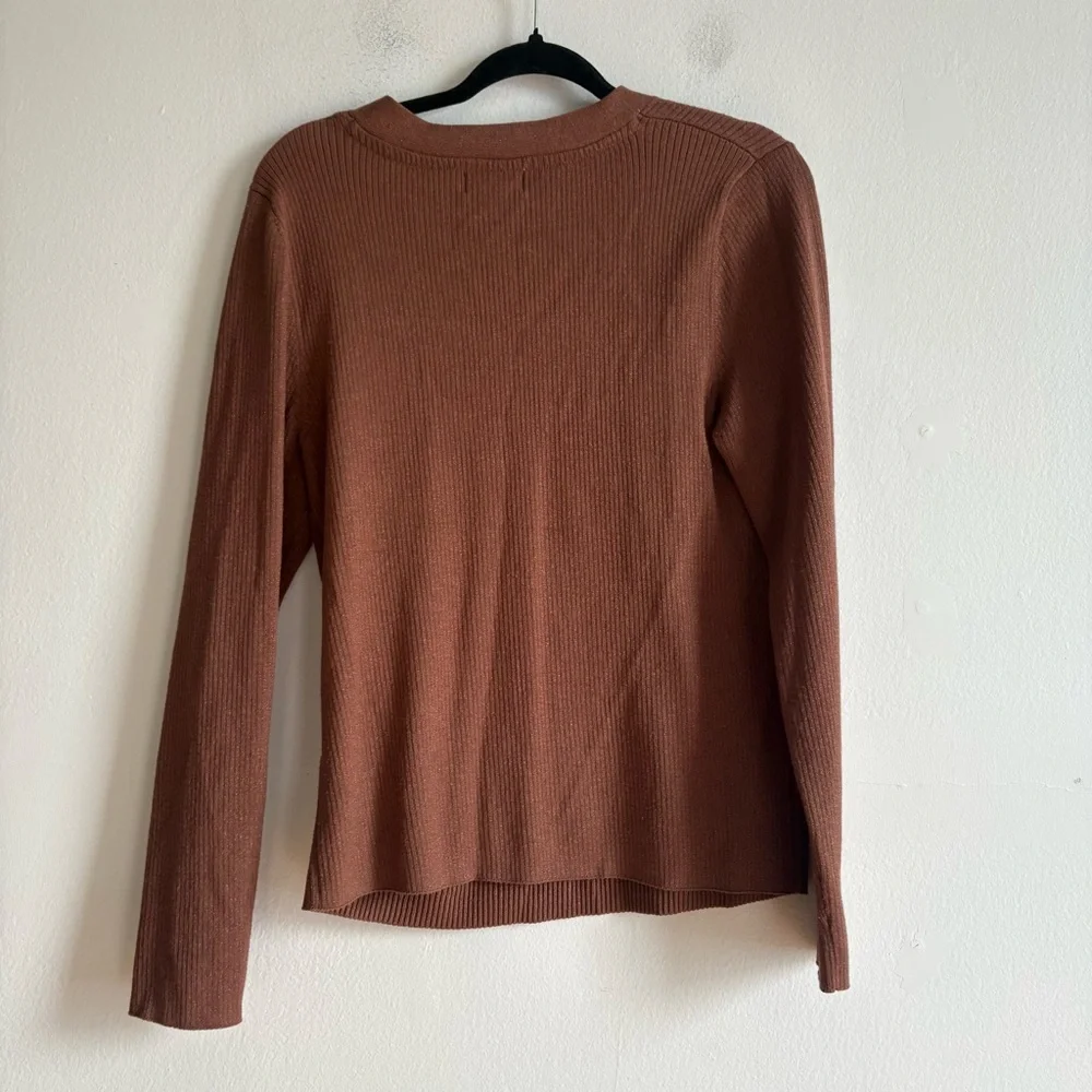 Anthropologie Maeve Sz XL Thea Brown Gold Metallic V Neck Sweater - Picture 10 of 11